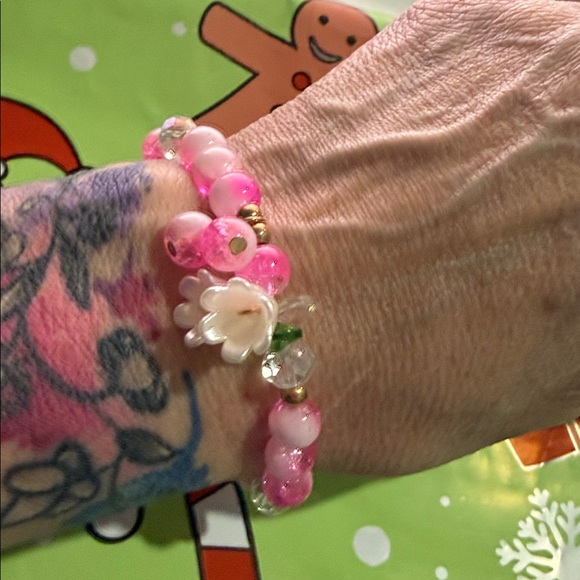 Buy One get the Second for $5 ~ Pink Beaded Bracelet with Floral Charm - Picture 3 of 4